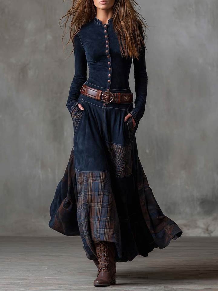 Woman wearing patchwork maxi dress with button front and belt