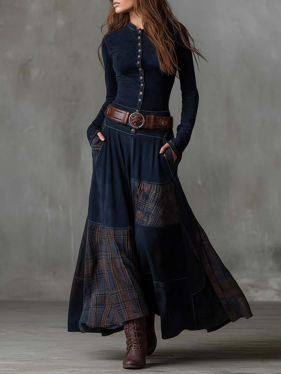 Woman wearing patchwork maxi dress with button front and belt