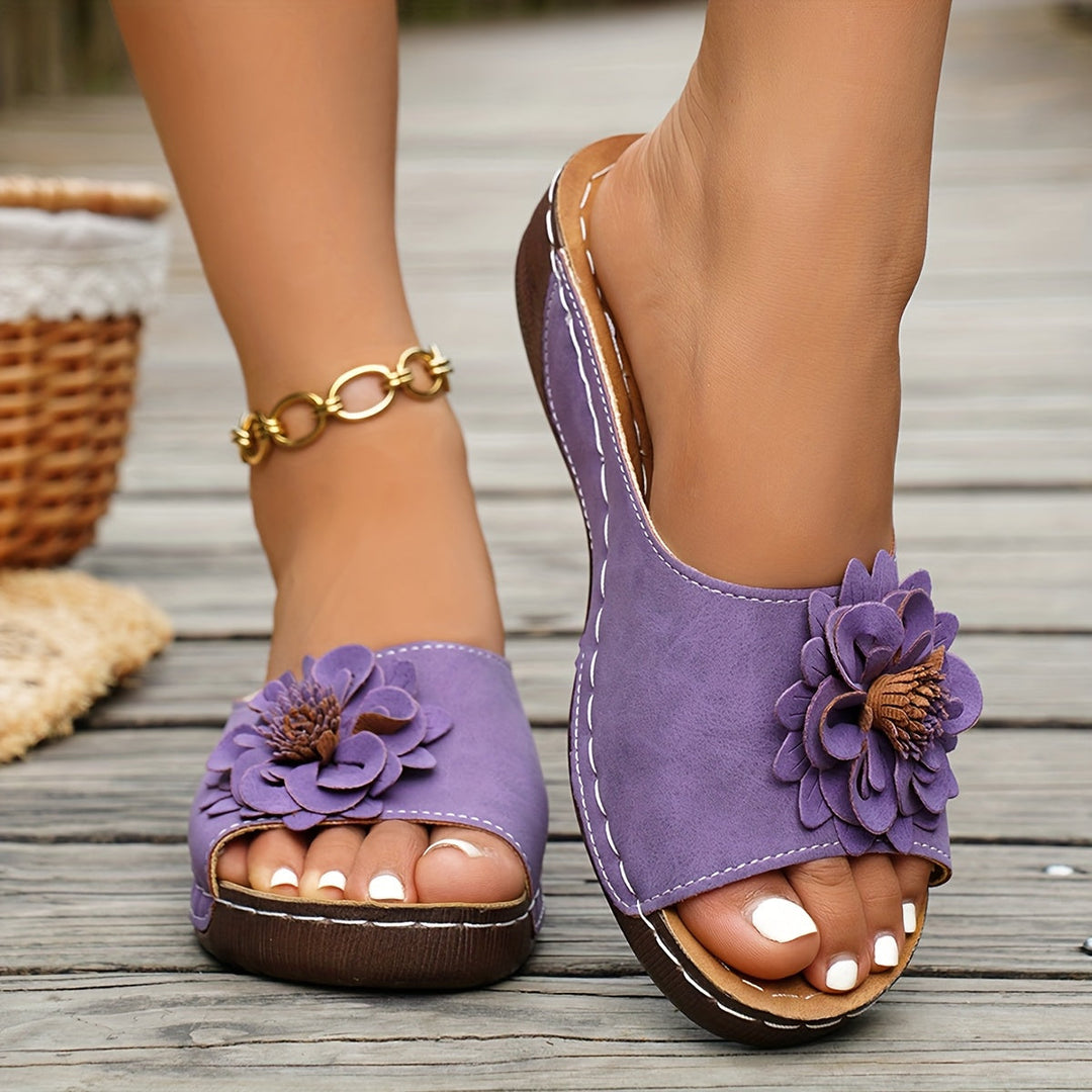 Melanie | Women's Sandals Floral Applique Open Toe Slide Wedge Summer Casual Sandals