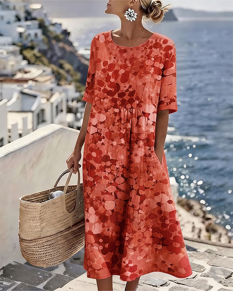 Woman wearing abstract floral print midi dress with short sleeves