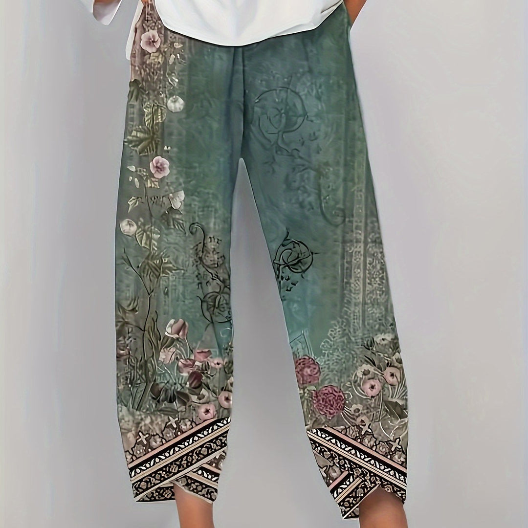 Meredith Women's Printed Cropped Trousers Elasticated Waist Tapered Casual Pants