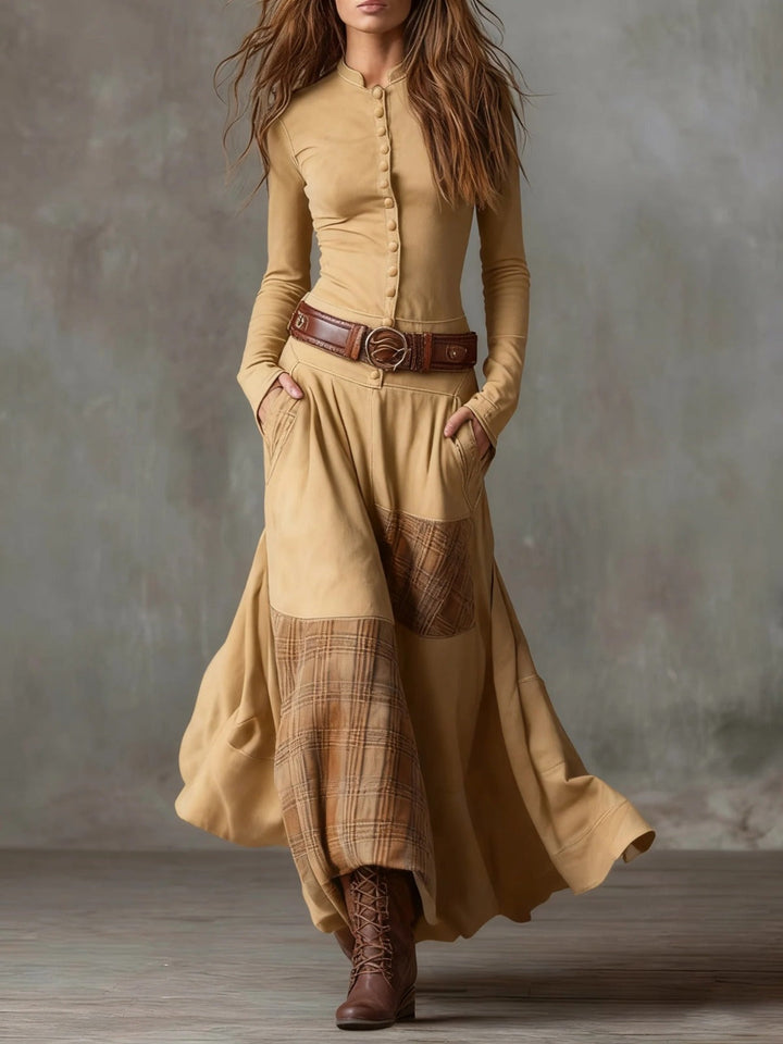 Woman wearing patchwork maxi dress with button front and belt