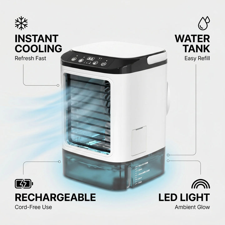 Portable Air Cooler | 3-in-1 Personal Air Cooler with Humidifier & Rechargeable Battery | Compact Cooling Fan with LED Light
