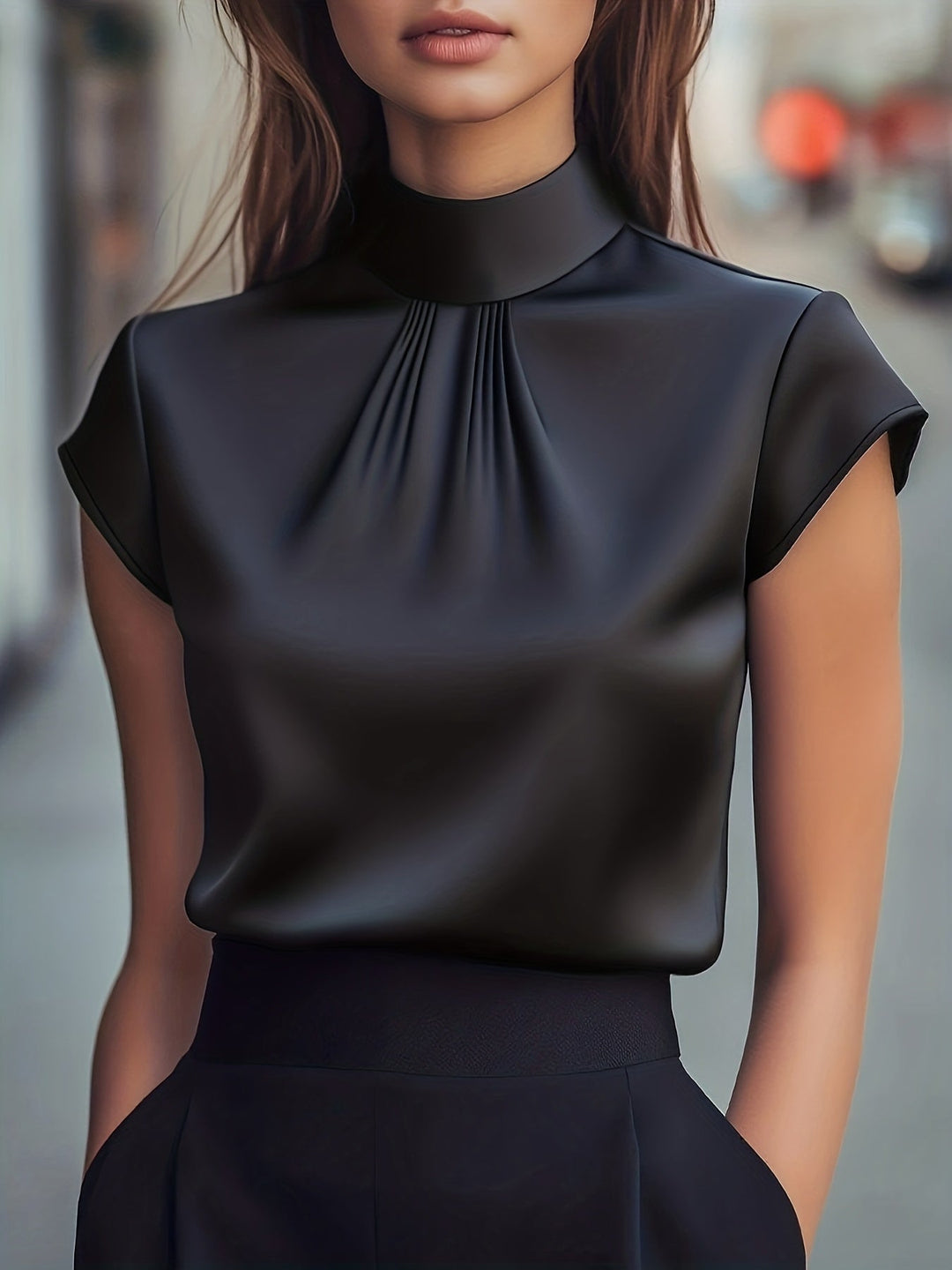 Lena | Women's Blouse Mock Neck Pleated Front Relaxed Fit Everyday Casual Top