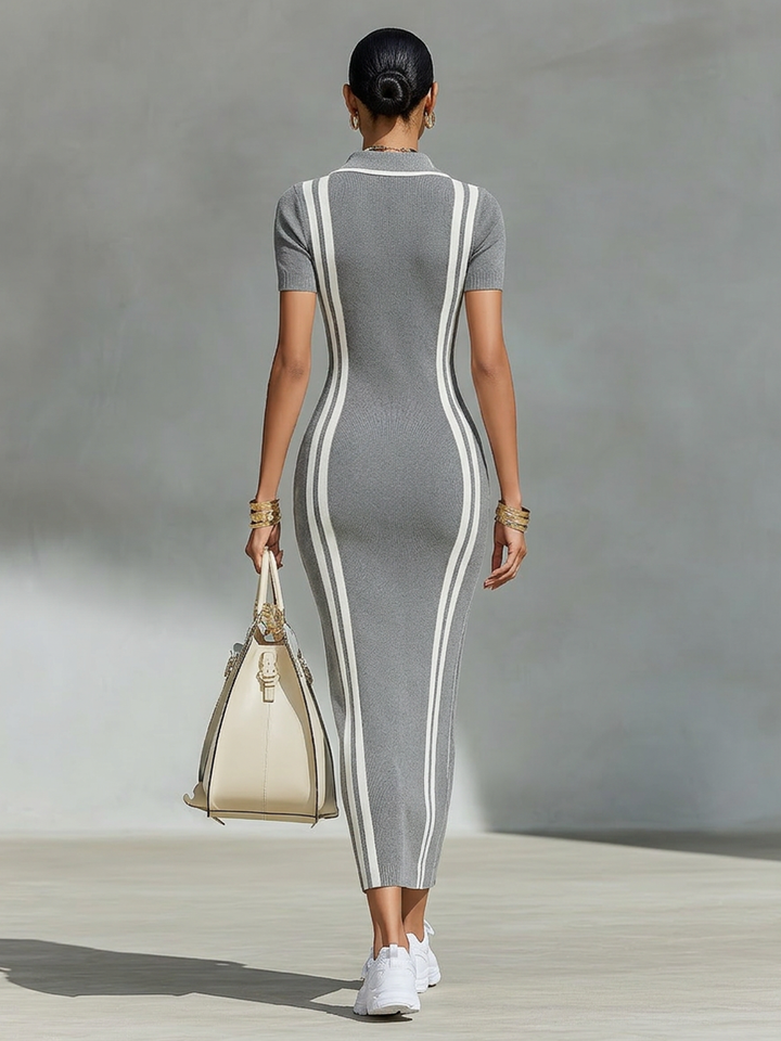 Bodycon maxi dress with zip polo collar and side stripes