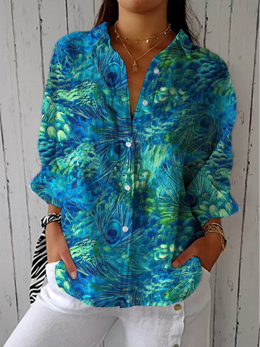 Doris | Women's Blouse Feather Print V-Neck Button Front Long Sleeve Everyday Casual Top