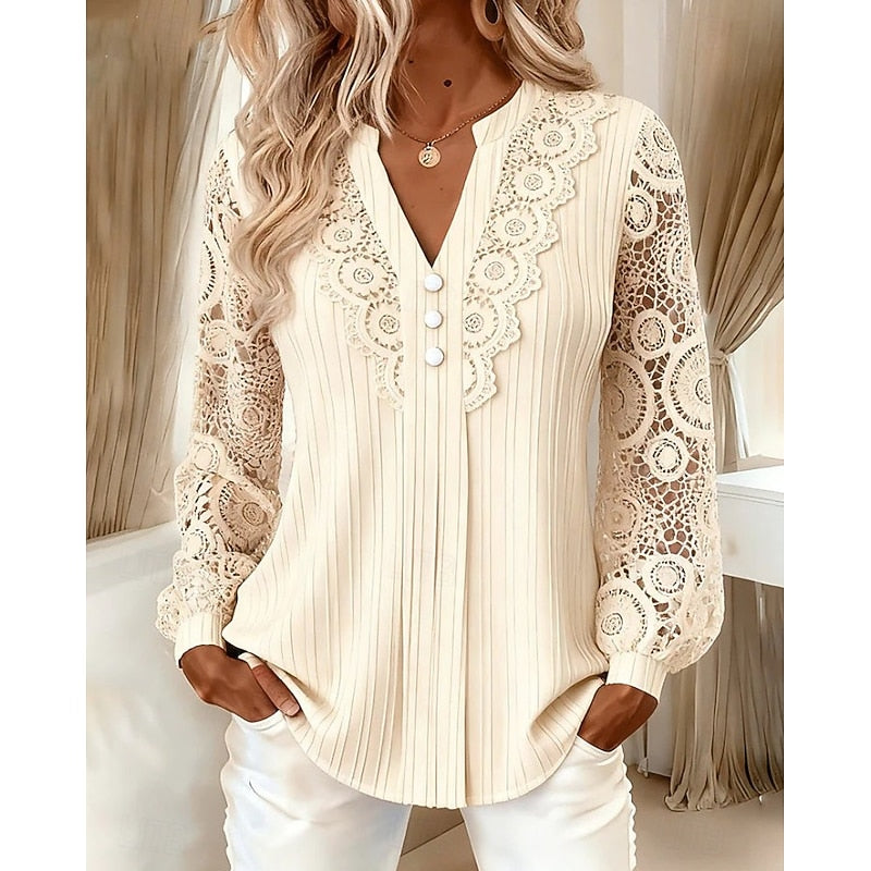 Rosetta | Women's Blouse Pintuck Openwork Trim V-Neck Long Sleeve Everyday Casual Top