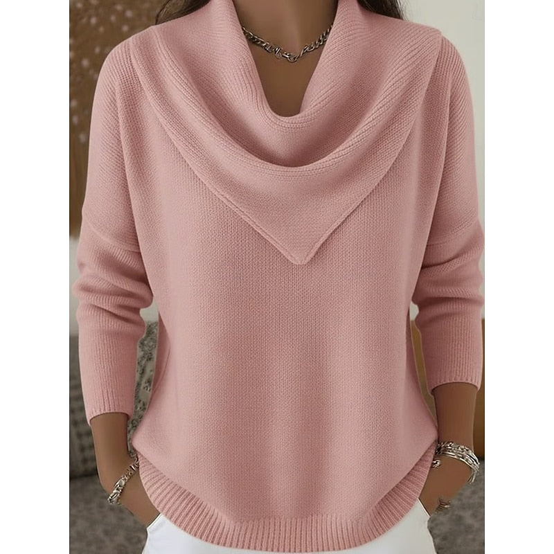 Heather | Women's Sweater Cowl Neck Knit Curved Hem Relaxed Fit Everyday Casual Sweater