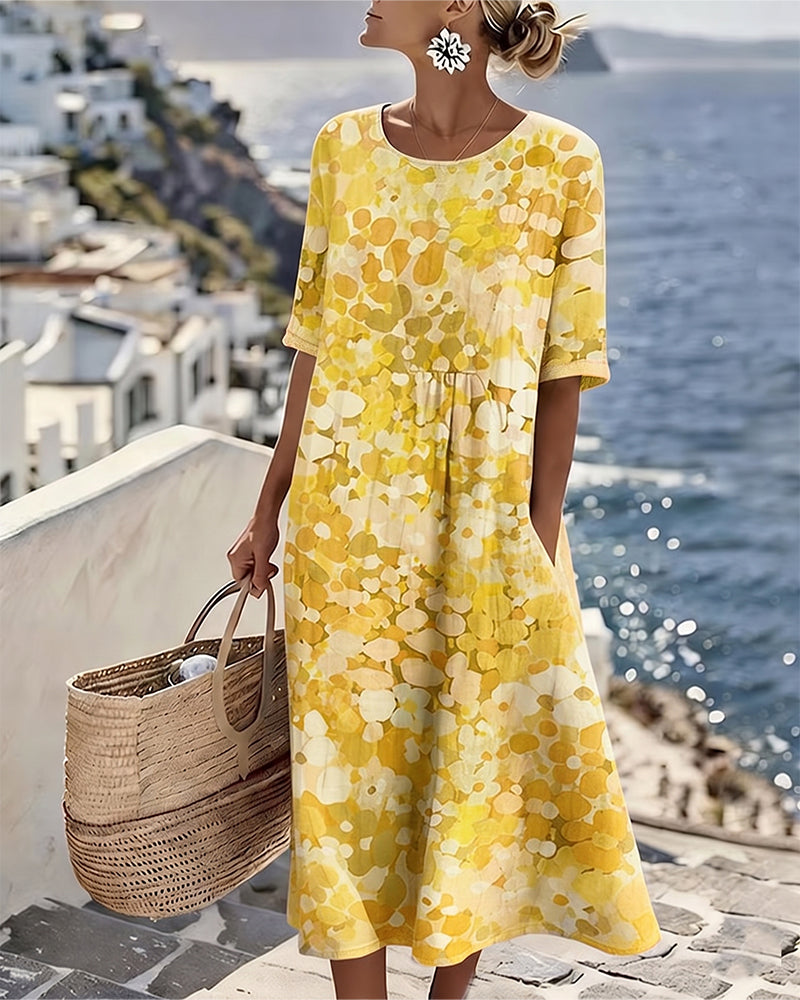 Woman wearing abstract floral print midi dress with short sleeves