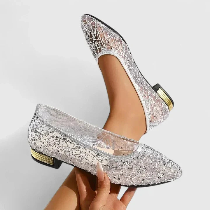 Cassidy | Women's Flat Shoes Metallic Openwork Pointed Toe Low Block Heel Everyday Casual Flats