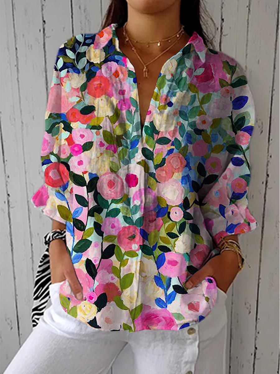 Louise | Women's Blouse Floral Artwork Print Relaxed Fit Summer Casual Top