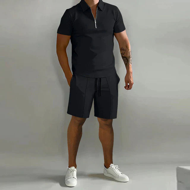 casual-knit-polo-set-with-zip-placket-and-drawstring-shorts-2