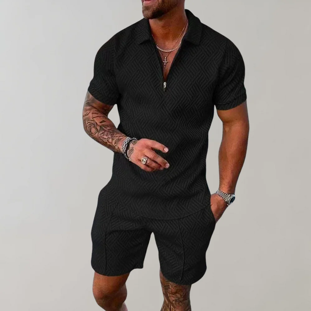 casual-polyester-blend-polo-set-with-zip-placket-and-matching-shorts-2