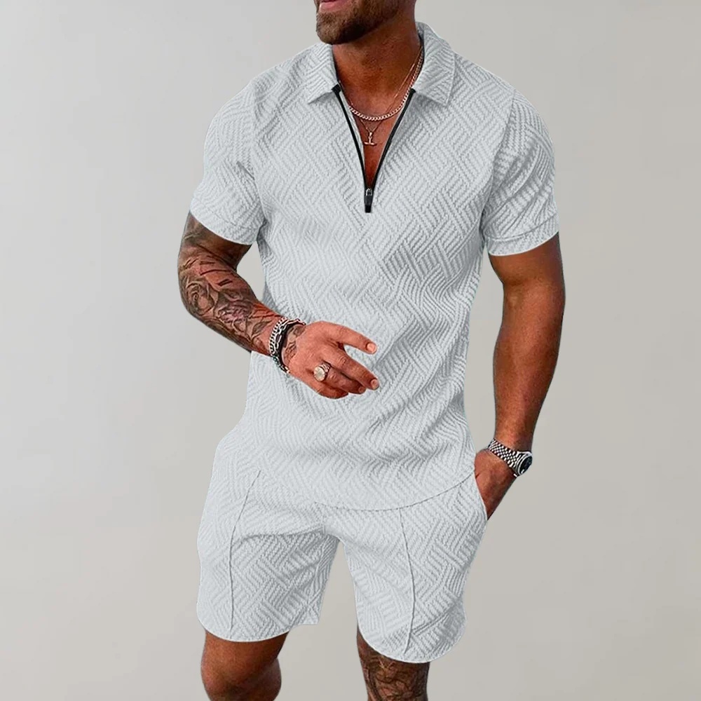 casual-polyester-blend-polo-set-with-zip-placket-and-matching-shorts-3