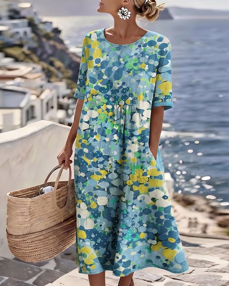 Woman wearing abstract floral print midi dress with short sleeves