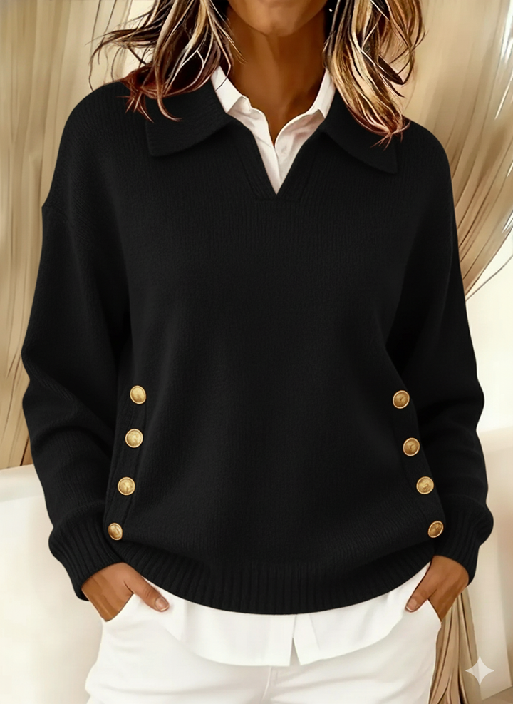 Woman wearing V-neck sweater with collar and gold buttons