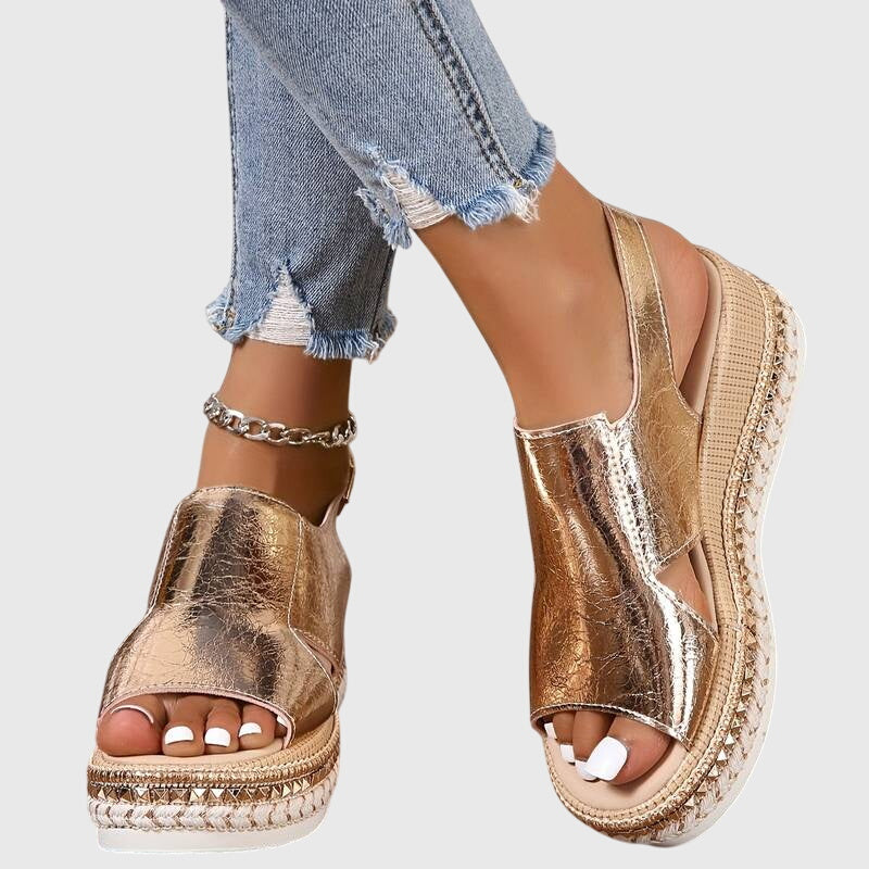 Veronica | Women's Sandals Open Toe Metallic Strap Padded Footbed Summer Casual Sandals