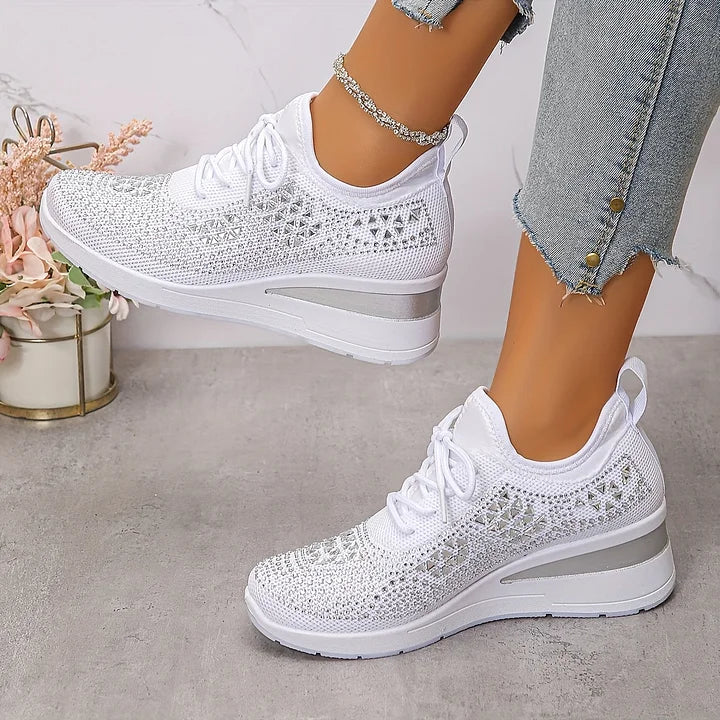 Alicia Women's Embellished Wedge Sneakers Lace-Up Rhinestone Platform Shoes