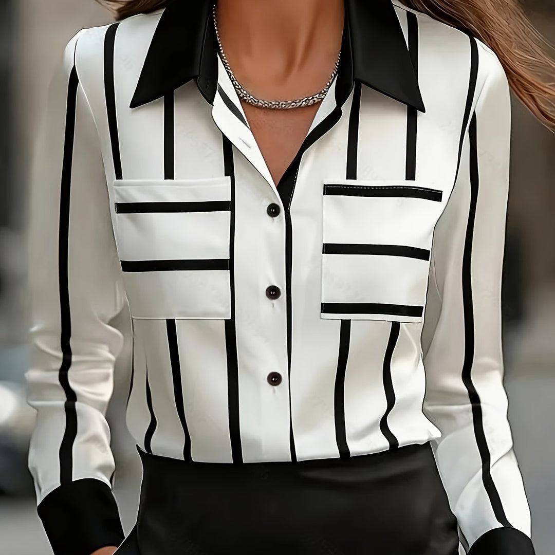 Serena | Women's Shirt Contrast Stripe Button Front Relaxed Fit Everyday Casual Top