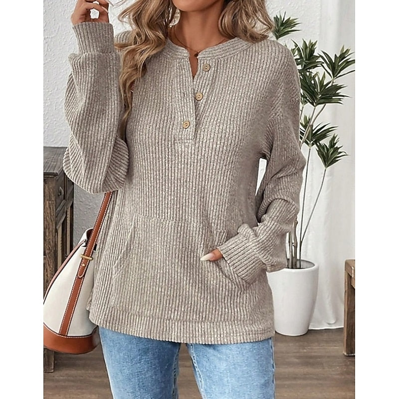 Sabine | Women's Top Ribbed Knit Henley Button Neck Front Pocket Everyday Casual Top