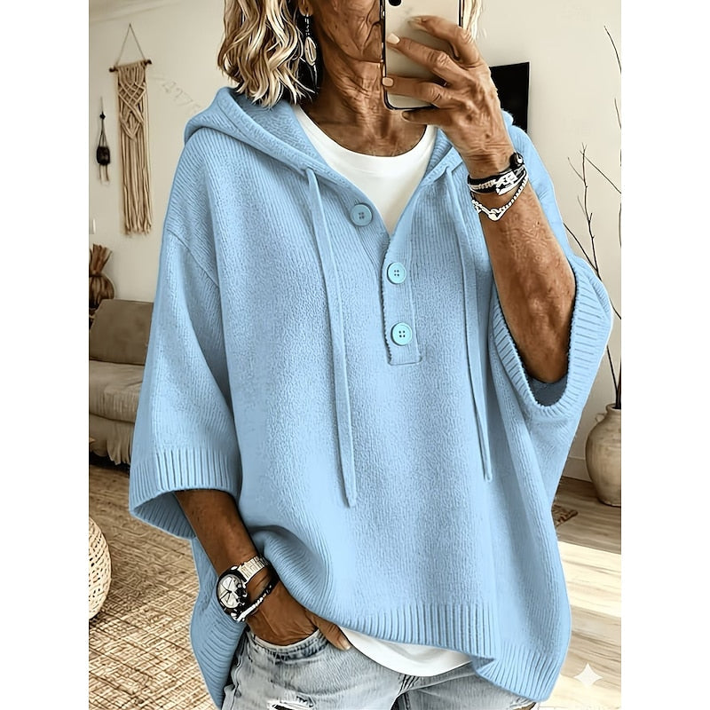 Brooklyn | Women's Sweater Hooded Knit Button Placket Batwing Sleeve Everyday Casual Sweater