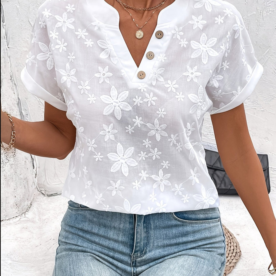 Whitney | Women's Top Floral Embroidered V-Neck Short Sleeve Button Detail Summer Casual Top