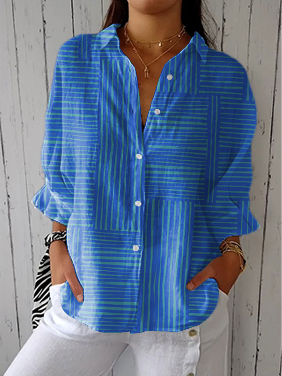 Susan | Women's Blouse Striped Band Collar Roll Sleeve Button Front Everyday Casual Top