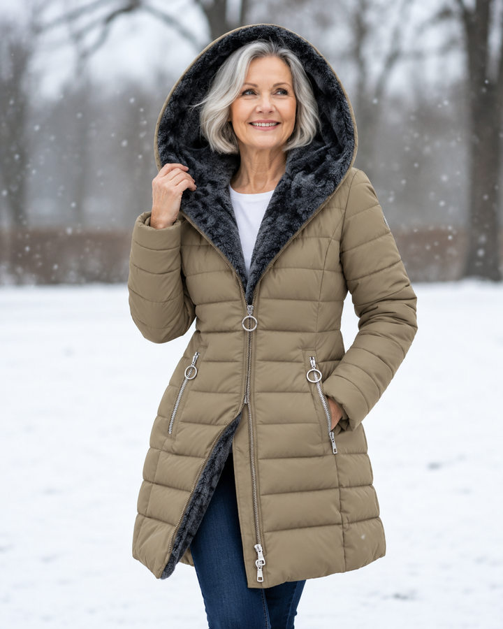Woman wearing quilted winter coat with hood outdoors