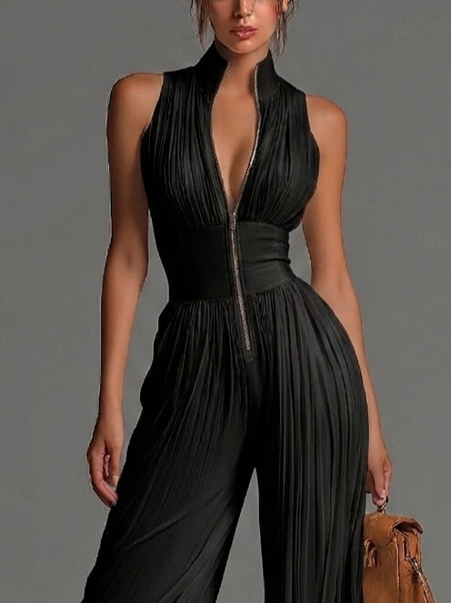 Indira | Pleated V-Neck Jumpsuit