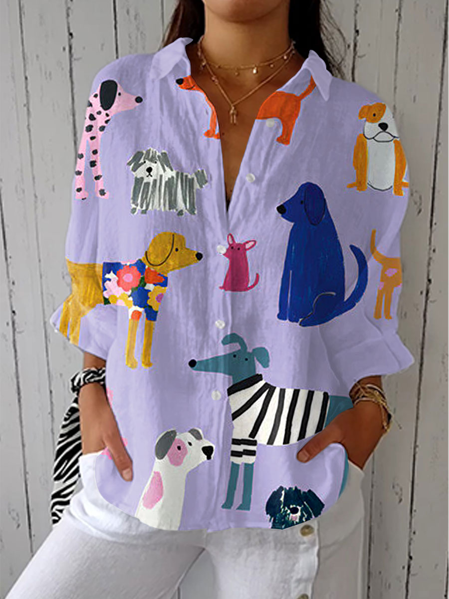 Sandra | Women's Blouse Dog Print Button Front Relaxed Fit Everyday Casual Top