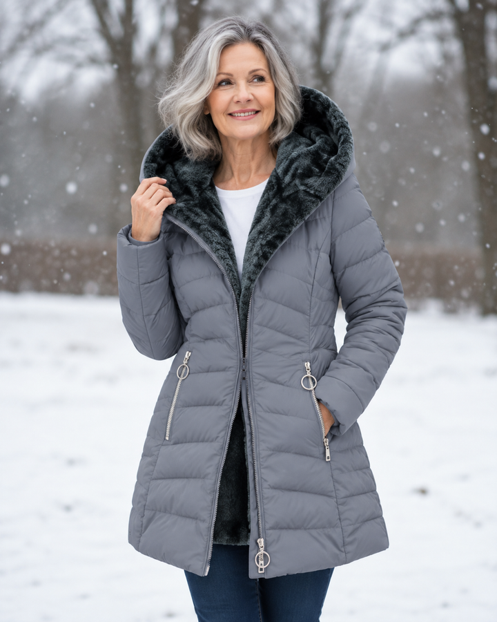 Woman wearing quilted winter coat with hood outdoors