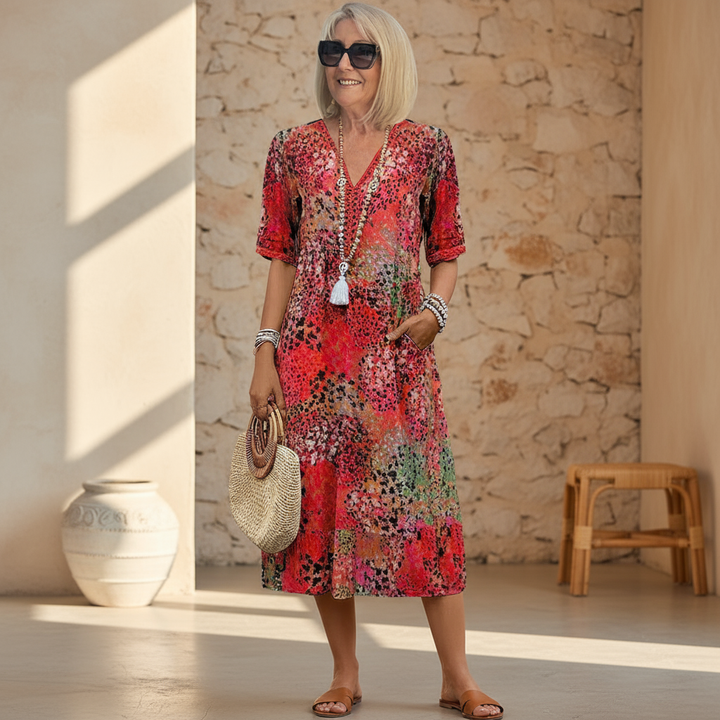Theodora | Printed V-Neck Midi Dress