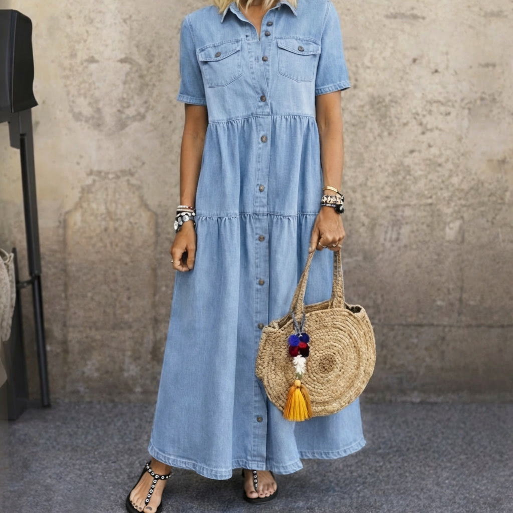 Woman wearing button-front midi dress with tiered skirt