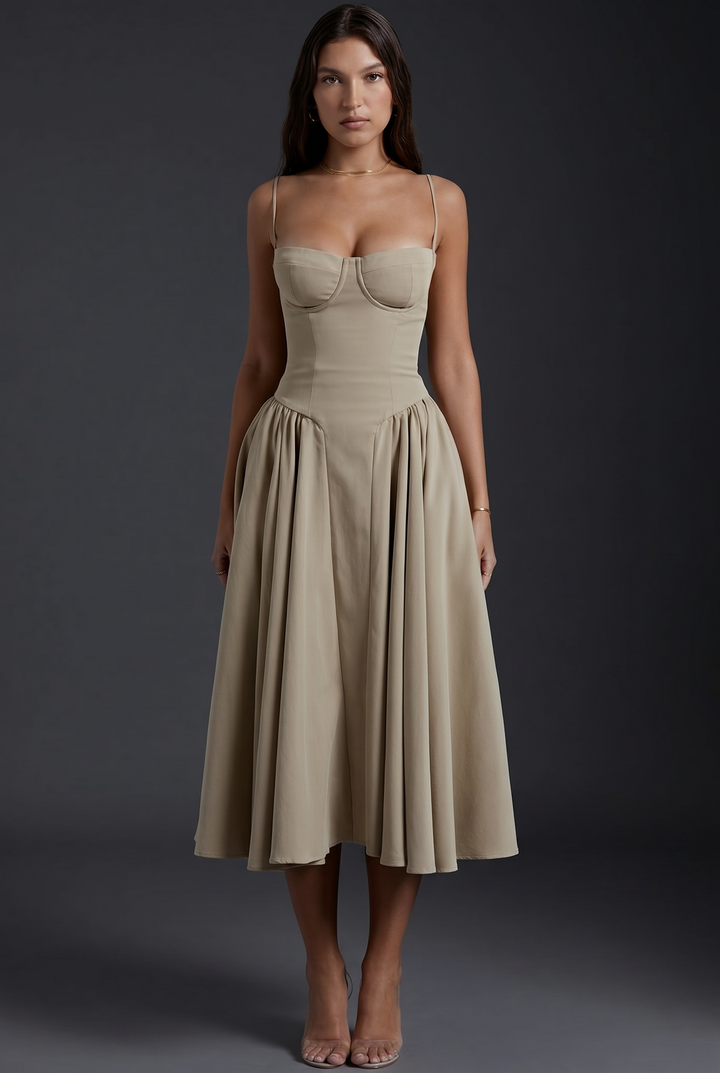 Woman wearing structured bodice midi dress flared skirt