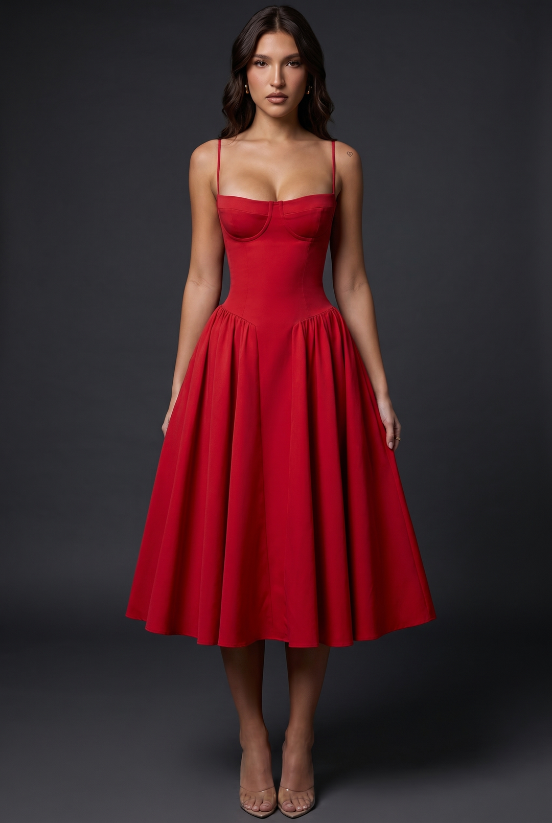 Woman wearing structured bodice midi dress flared skirt