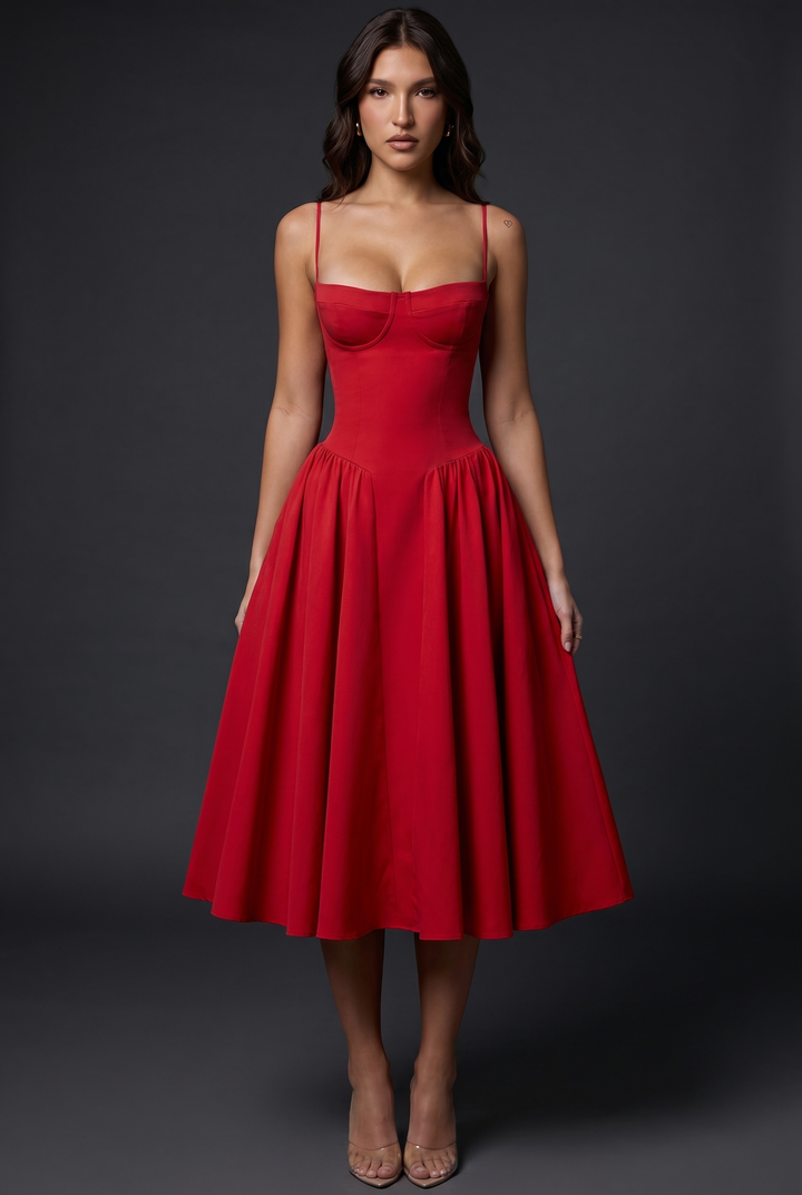 Woman wearing structured bodice midi dress flared skirt