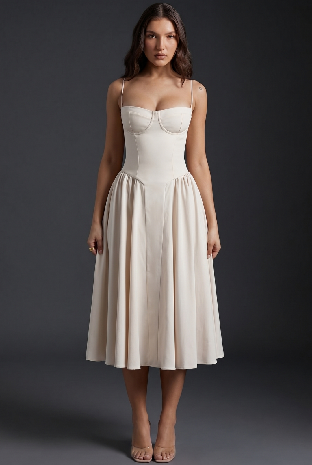 Woman wearing structured bodice midi dress flared skirt