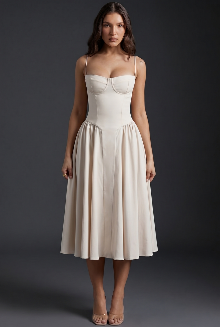 Woman wearing structured bodice midi dress flared skirt