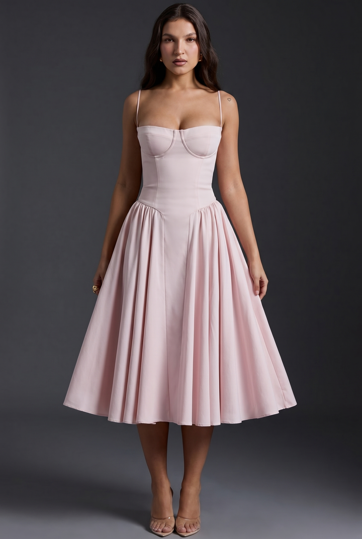 Woman wearing structured bodice midi dress flared skirt