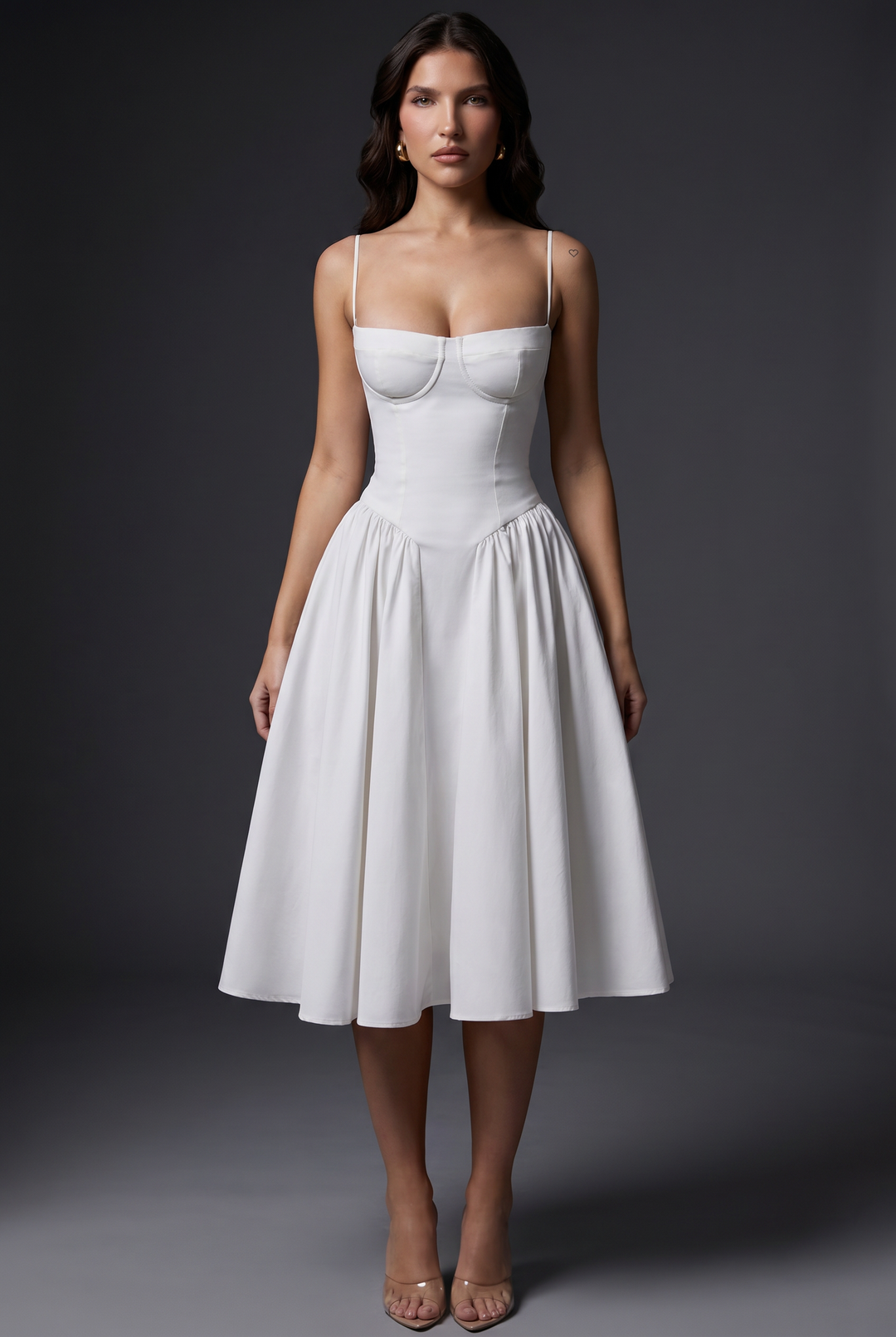 Woman wearing structured bodice midi dress flared skirt