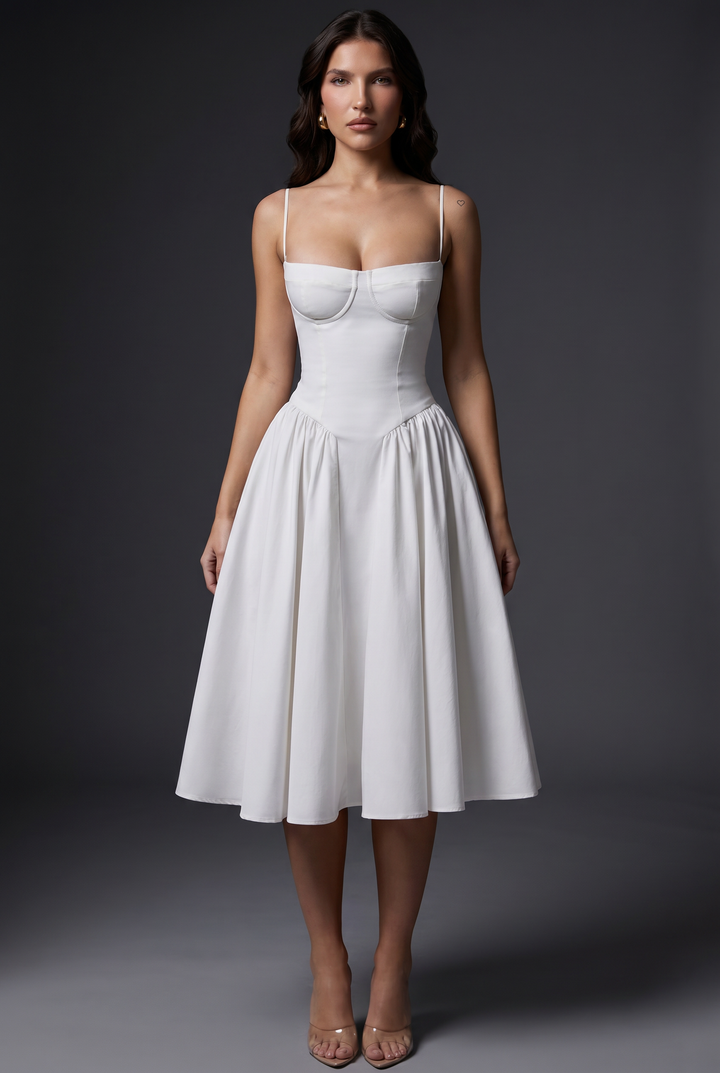 Woman wearing structured bodice midi dress flared skirt