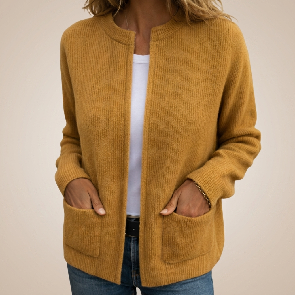 Woman wearing ribbed open front cardigan with pockets