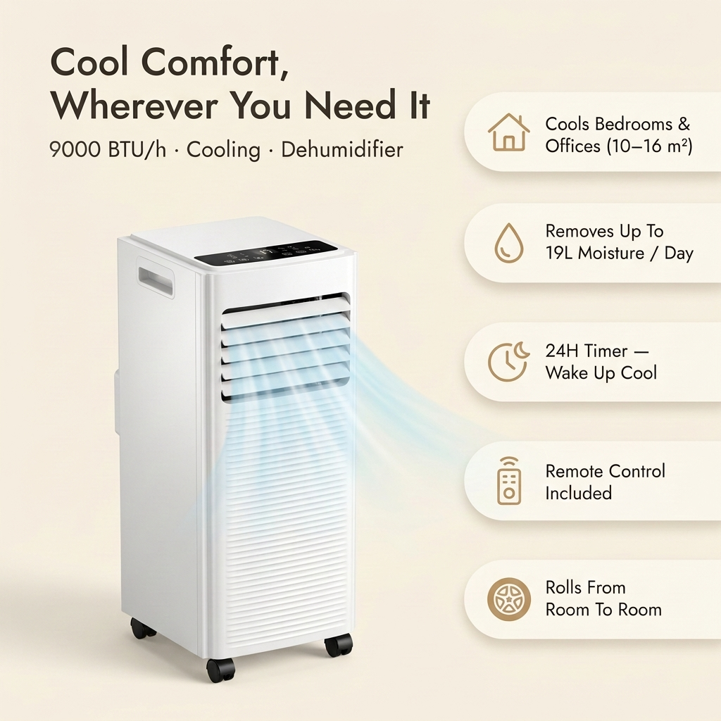 Mobile Air Conditioner – Portable 9000 BTU Air Con Unit with Dehumidifier & 24H Timer
