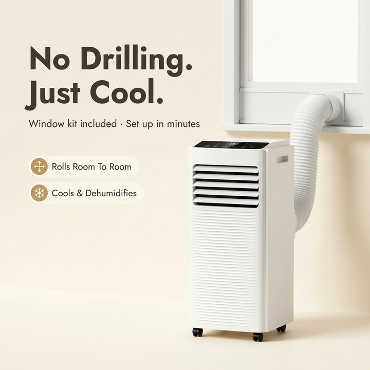Air Con Unit 9000 BTU – Portable Air Conditioner & Dehumidifier with Window Kit, No Drilling