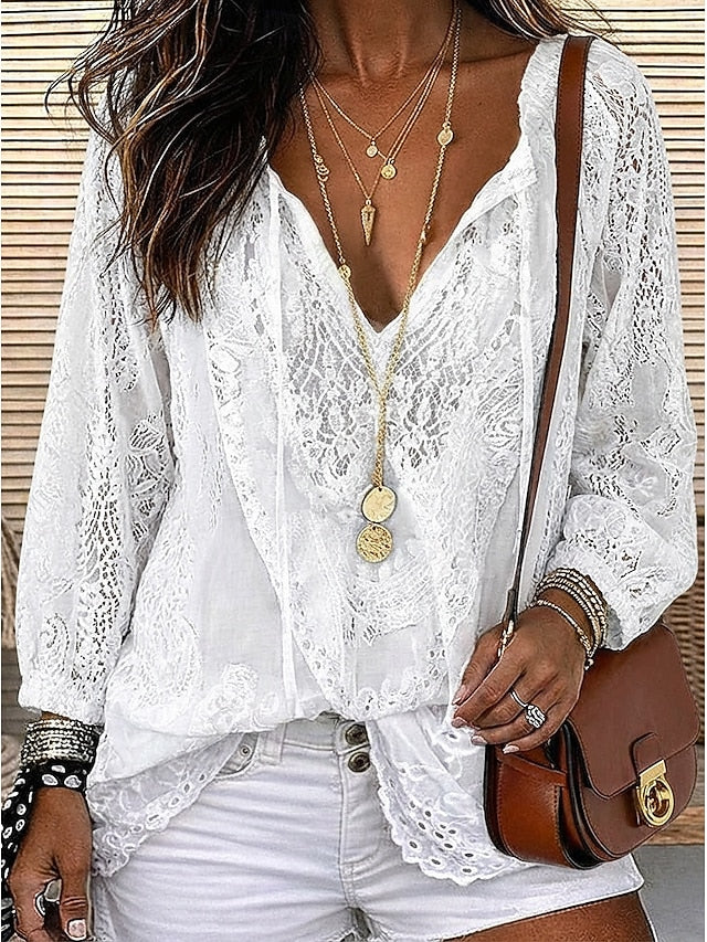 Estelle | Women's Blouse Lace Detail Boho Relaxed Fit Summer Casual Top