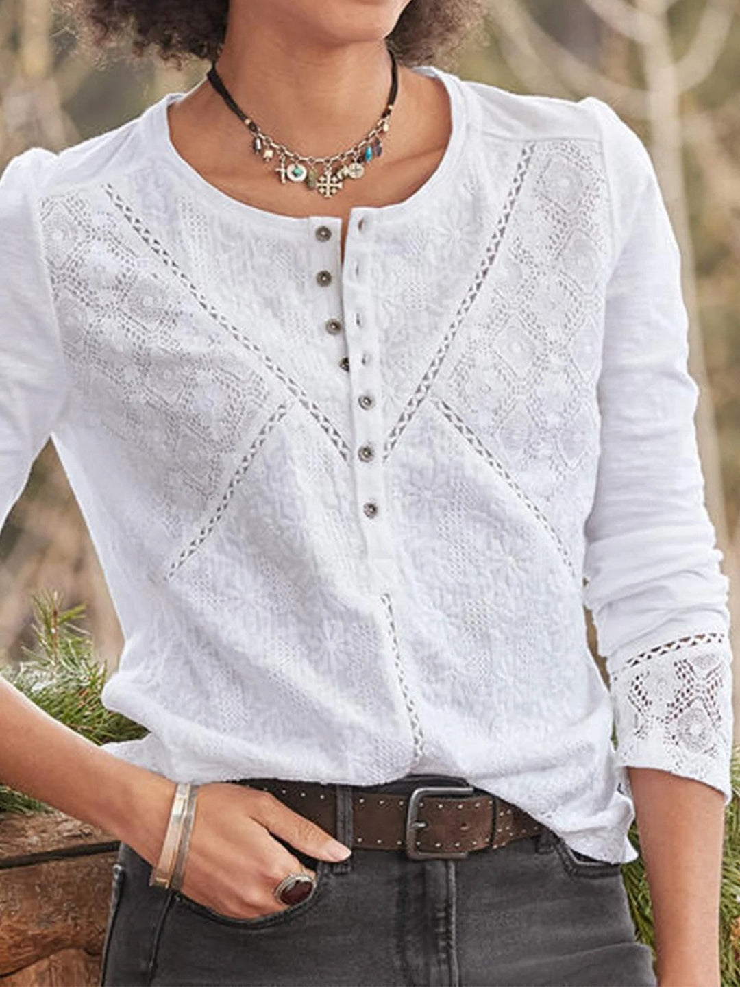 Charlene | Women's Blouse Openwork Knit Button Placket Round Neck Everyday Casual Top