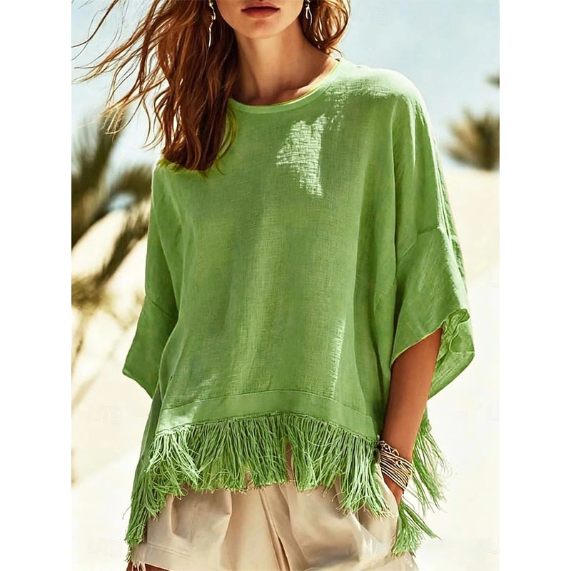 Vera | Women's Blouse Fringe Hem Relaxed Fit Summer Casual Top
