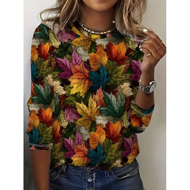 Penelope | Women's Top Botanical Print Round Neck Long Sleeve Relaxed Fit Everyday Casual Top