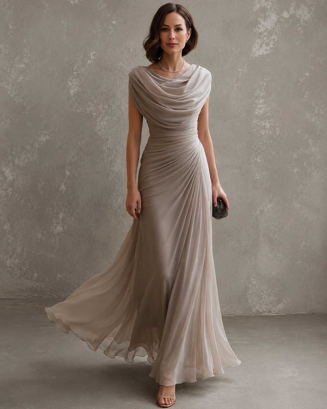 Woman wearing draped sleeveless maxi dress outdoors