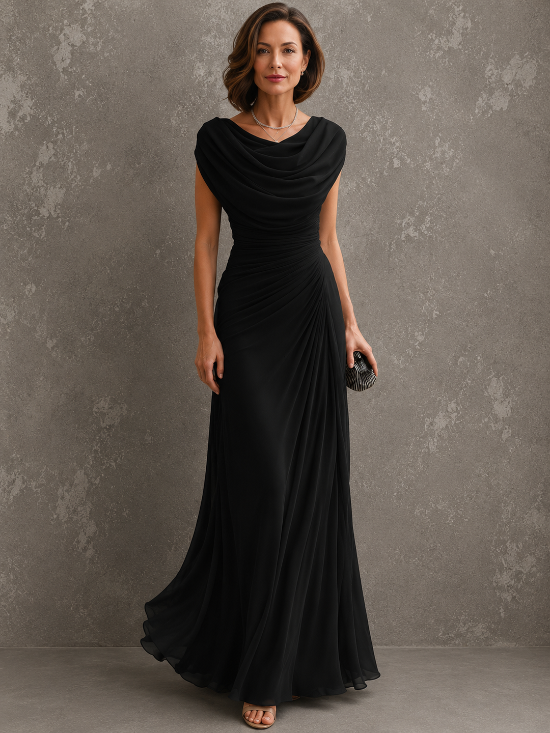 Woman wearing draped sleeveless maxi dress outdoors